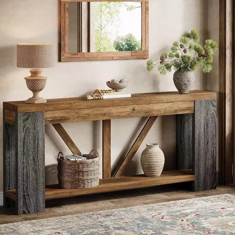 Longue console, table de canapé de style rustique à 2 niveaux derrière le canapé, grande console d'entrée avec rangement pour le couloir, le vestibule