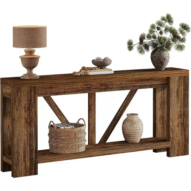 Longue console, table de canapé de style rustique à 2 niveaux derrière le canapé, grande console d'entrée avec rangement pour le couloir, le vestibule