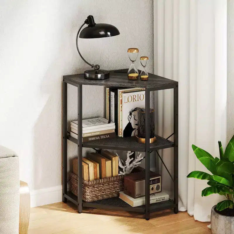Meuble d'angle pour imprimante avec station de charge et étagère réglable en maille métallique Noir/Marron/Blanc