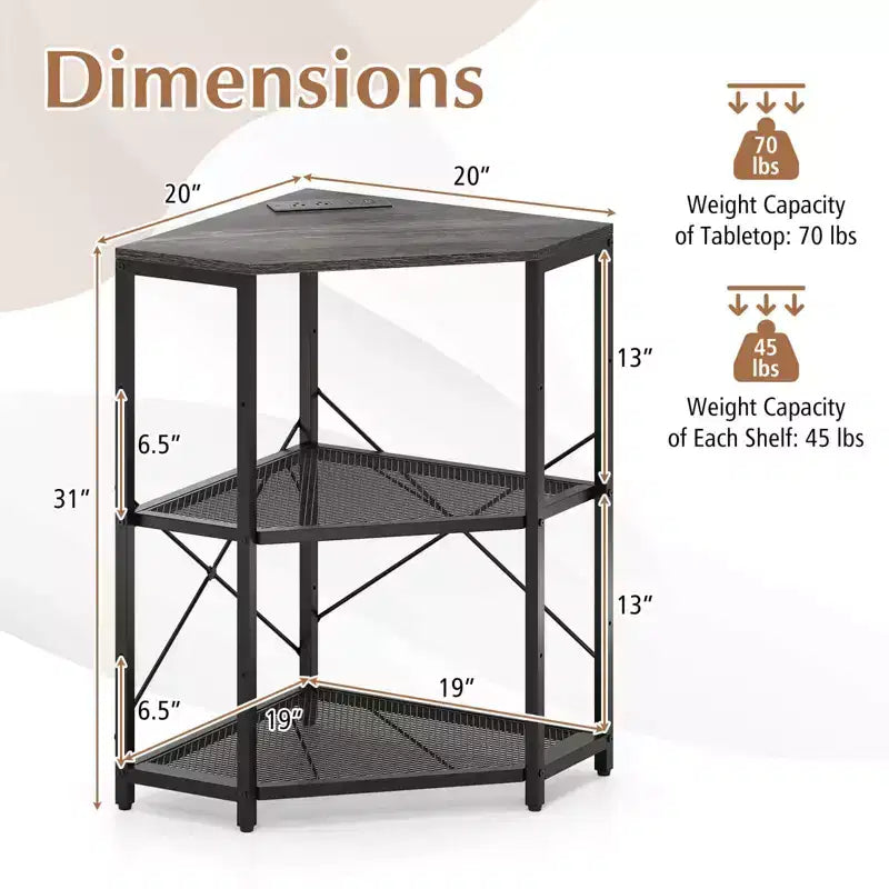 Meuble d'angle pour imprimante avec station de charge et étagère réglable en maille métallique Noir/Marron/Blanc