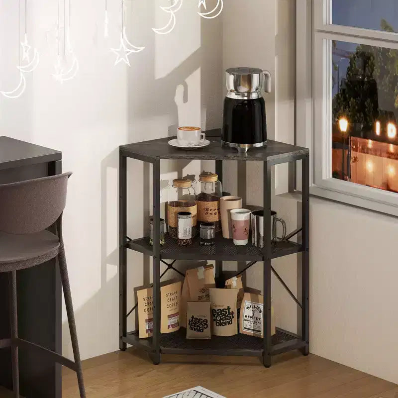 Meuble d'angle pour imprimante avec station de charge et étagère réglable en maille métallique Noir/Marron/Blanc