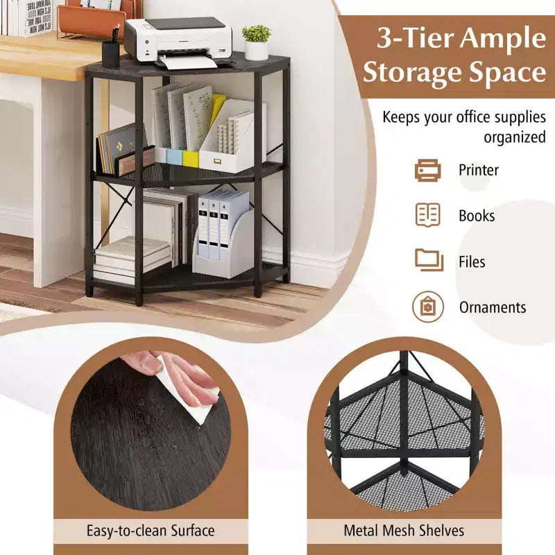 Meuble d'angle pour imprimante avec station de charge et étagère réglable en maille métallique Noir/Marron/Blanc