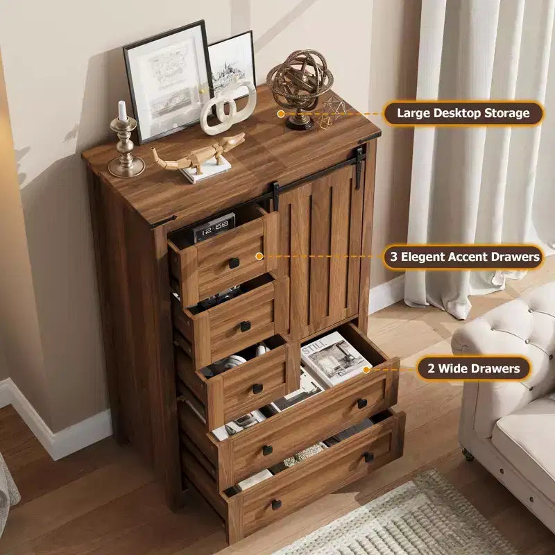 Commode 5 tiroirs de style rustique pour chambre à coucher, commode en bois de 122 cm de haut avec porte coulissante de style grange, organisateur de rangement