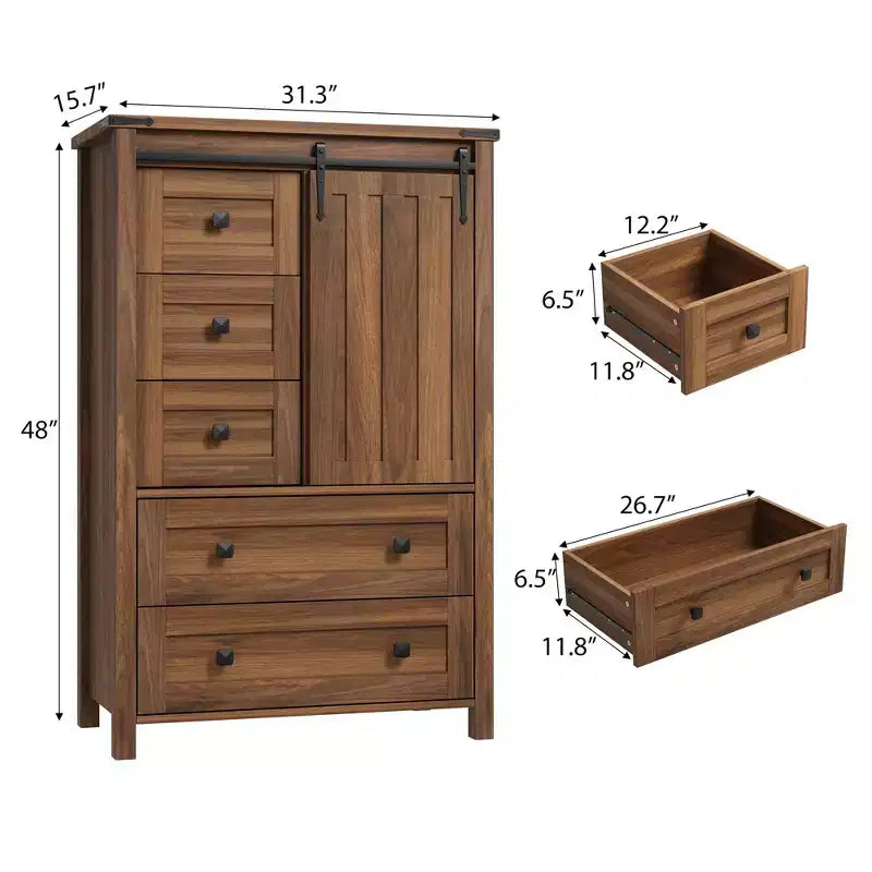 Commode 5 tiroirs de style rustique pour chambre à coucher, commode en bois de 122 cm de haut avec porte coulissante de style grange, organisateur de rangement
