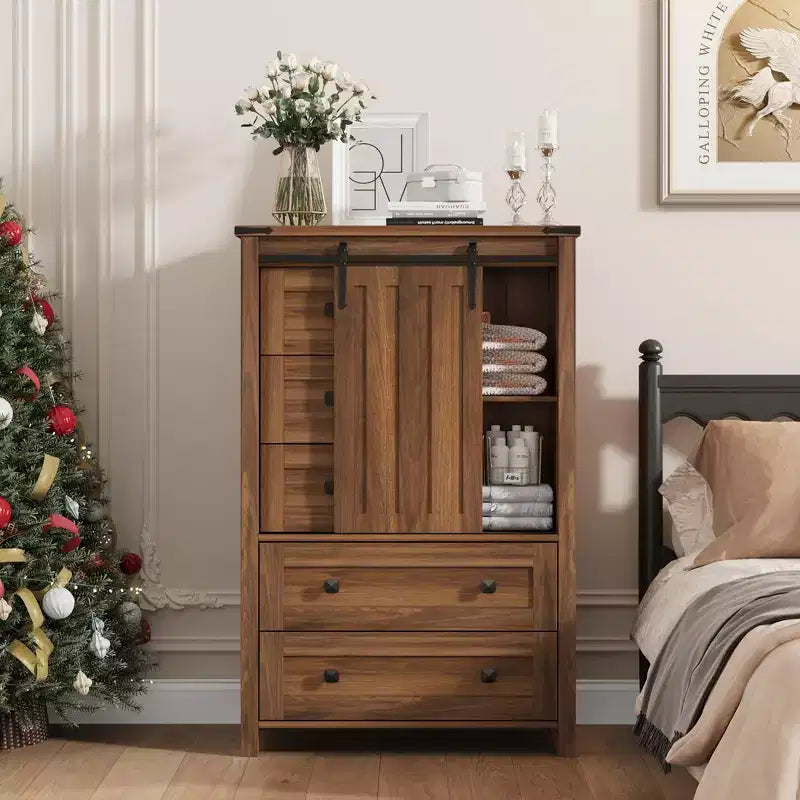 Commode 5 tiroirs de style rustique pour chambre à coucher, commode en bois de 122 cm de haut avec porte coulissante de style grange, organisateur de rangement
