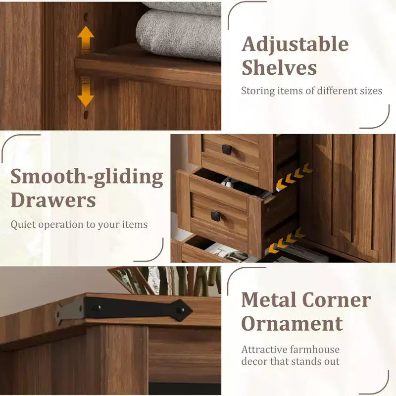 Commode 5 tiroirs de style rustique pour chambre à coucher, commode en bois de 122 cm de haut avec porte coulissante de style grange, organisateur de rangement