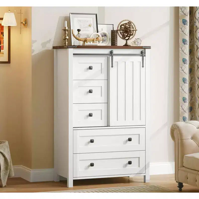 Commode 5 tiroirs de style rustique pour chambre à coucher, commode en bois de 122 cm de haut avec porte coulissante de style grange, organisateur de rangement