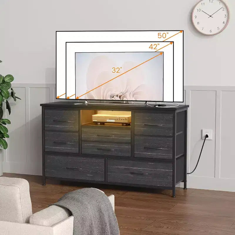 Meuble TV multifonctionnel de 120,4 cm avec 8 tiroirs, bande lumineuse intelligente RVB, deux prises de courant, adapté à de multiples scénarios