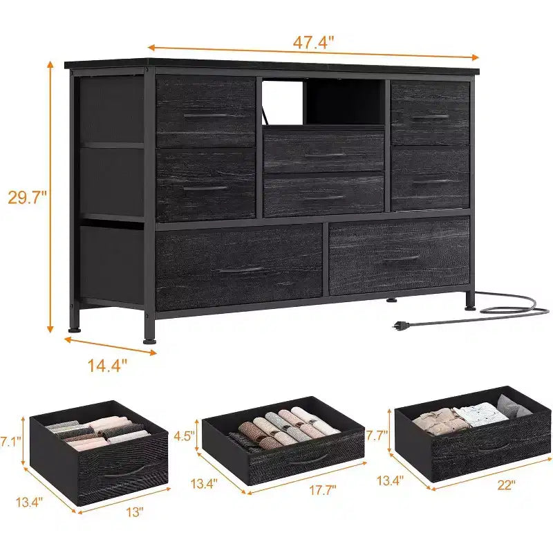 Meuble TV multifonctionnel de 120,4 cm avec 8 tiroirs, bande lumineuse intelligente RVB, deux prises de courant, adapté à de multiples scénarios
