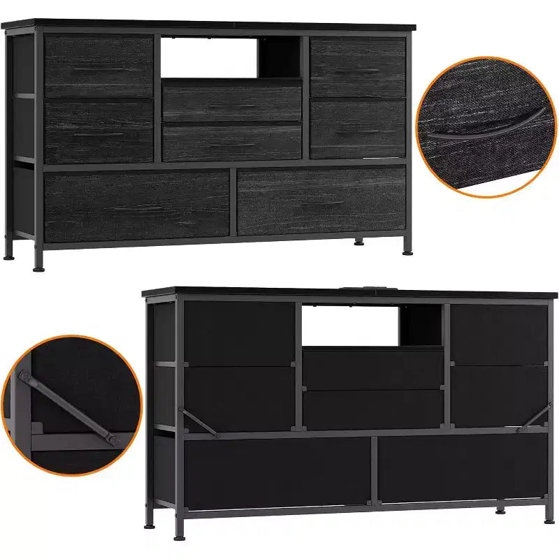 Meuble TV multifonctionnel de 120,4 cm avec 8 tiroirs, bande lumineuse intelligente RVB, deux prises de courant, adapté à de multiples scénarios
