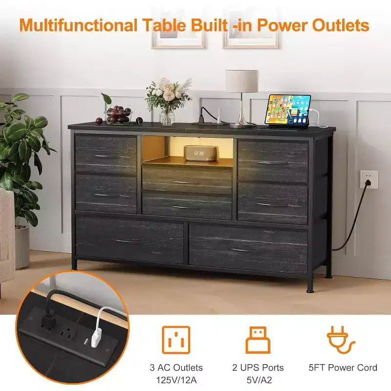 Meuble TV multifonctionnel de 120,4 cm avec 8 tiroirs, bande lumineuse intelligente RVB, deux prises de courant, adapté à de multiples scénarios