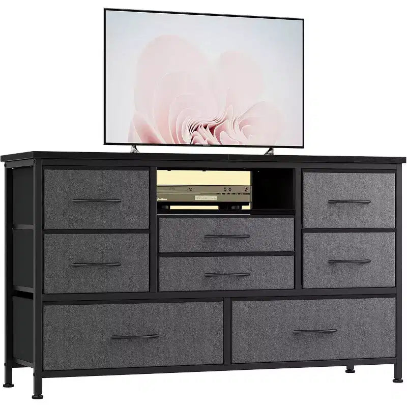 Meuble TV multifonctionnel de 120,4 cm avec 8 tiroirs, bande lumineuse intelligente RVB, deux prises de courant, adapté à de multiples scénarios