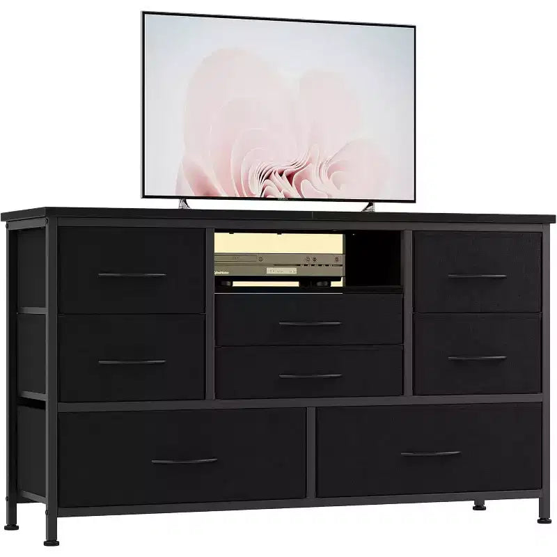 Meuble TV multifonctionnel de 120,4 cm avec 8 tiroirs, bande lumineuse intelligente RVB, deux prises de courant, adapté à de multiples scénarios