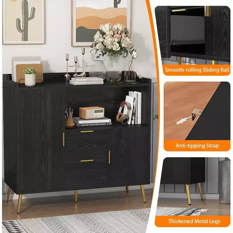 Armoire de rangement, buffet avec étagère, bar à café avec 2 tiroirs et 2 portes et rangement ouvert