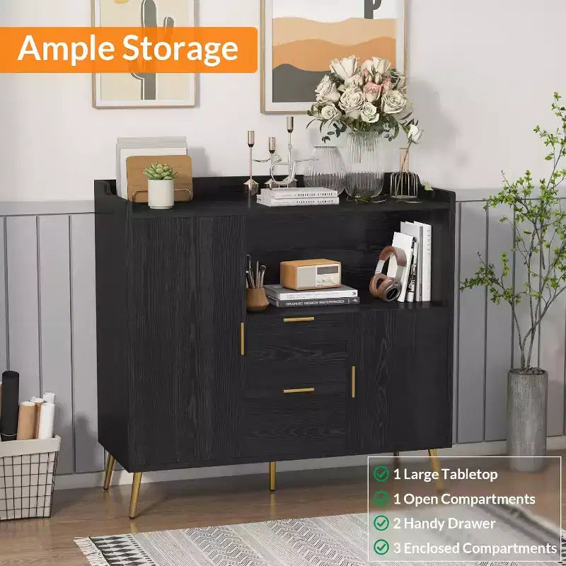 Armoire de rangement, buffet avec étagère, bar à café avec 2 tiroirs et 2 portes et rangement ouvert