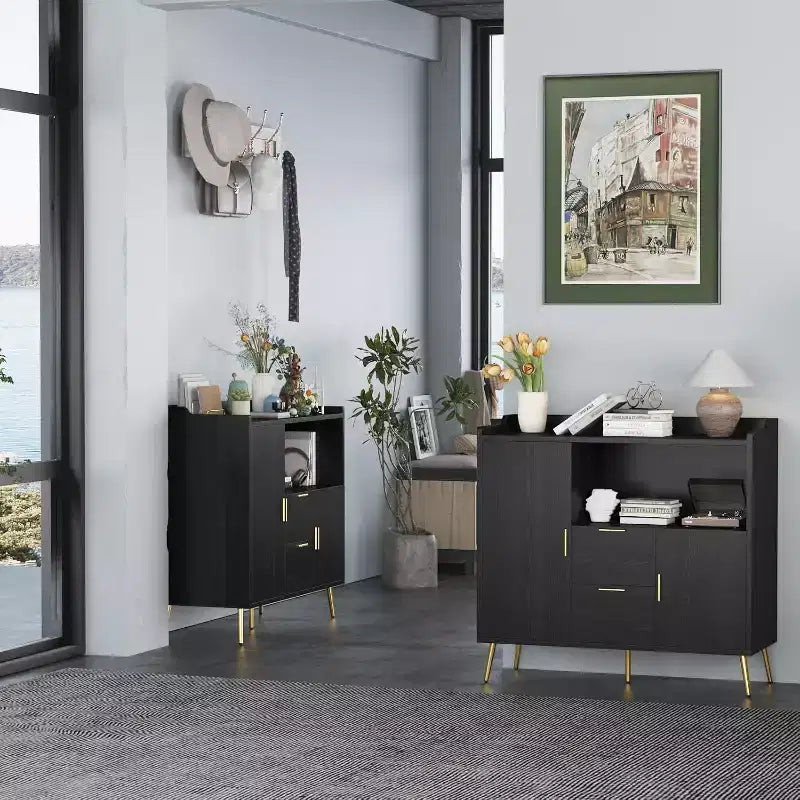 Armoire de rangement, buffet avec étagère, bar à café avec 2 tiroirs et 2 portes et rangement ouvert