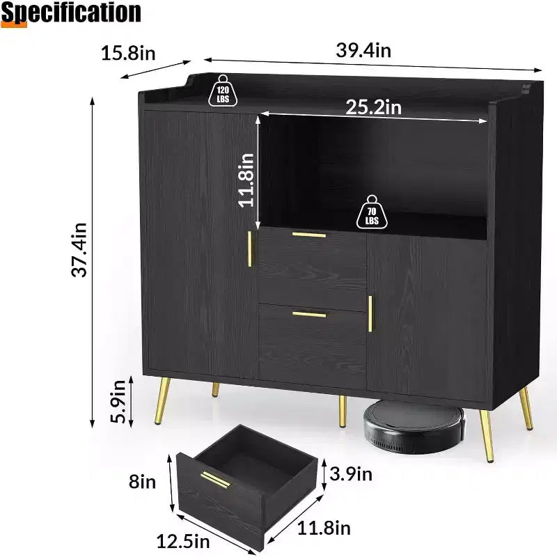 Armoire de rangement, buffet avec étagère, bar à café avec 2 tiroirs et 2 portes et rangement ouvert