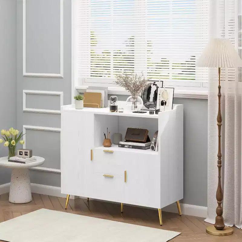Armoire de rangement, buffet avec étagère, bar à café avec 2 tiroirs et 2 portes et rangement ouvert