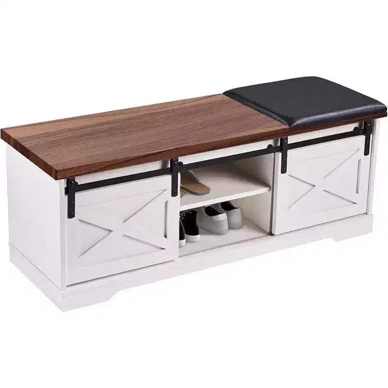 Banc à chaussures blanc avec portes coulissantes et coussin, banc de rangement de style ferme pour entrée avec compartiment caché et étagères réglables