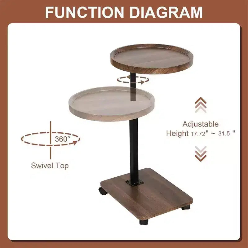 Table d'appoint mobile en C à hauteur réglable avec roulettes pour salon et chambre à coucher