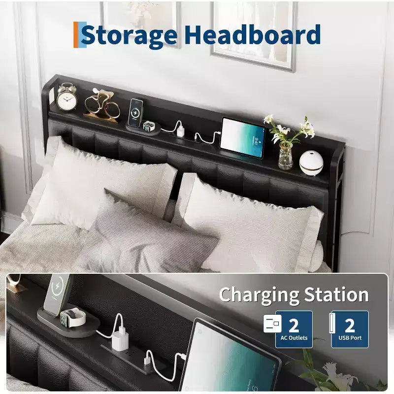 Cadre de lit double en métal avec station de recharge, tête et pied de lit en similicuir avec rangement