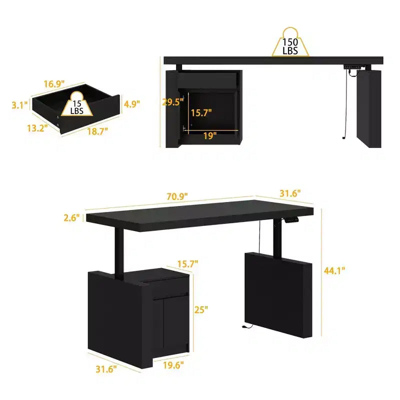 Bureau d'ordinateur réglable en hauteur avec armoire de rangement et tiroir intégrés