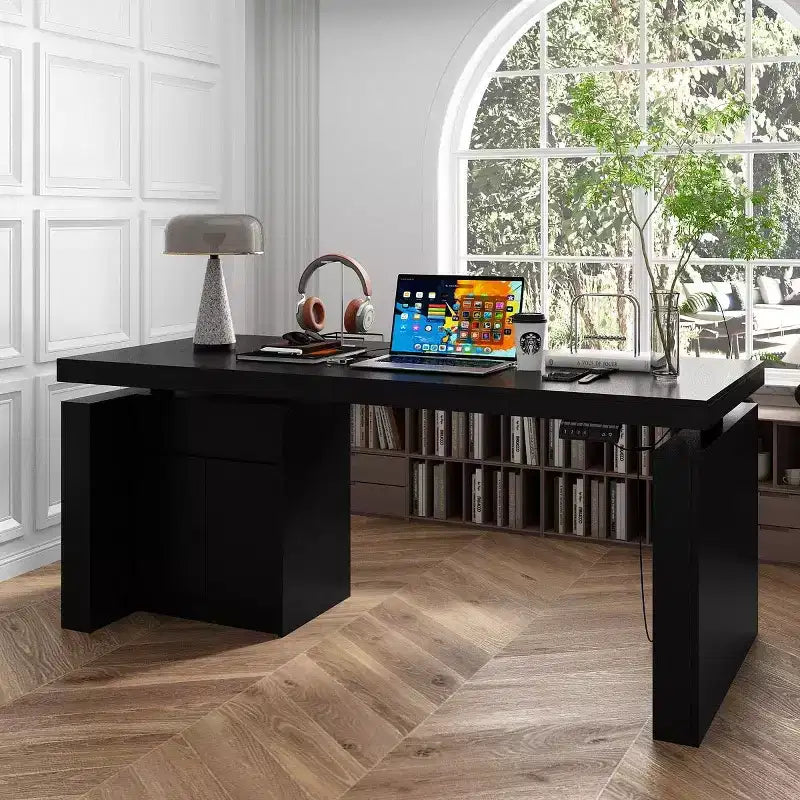 Bureau d'ordinateur réglable en hauteur avec armoire de rangement et tiroir intégrés