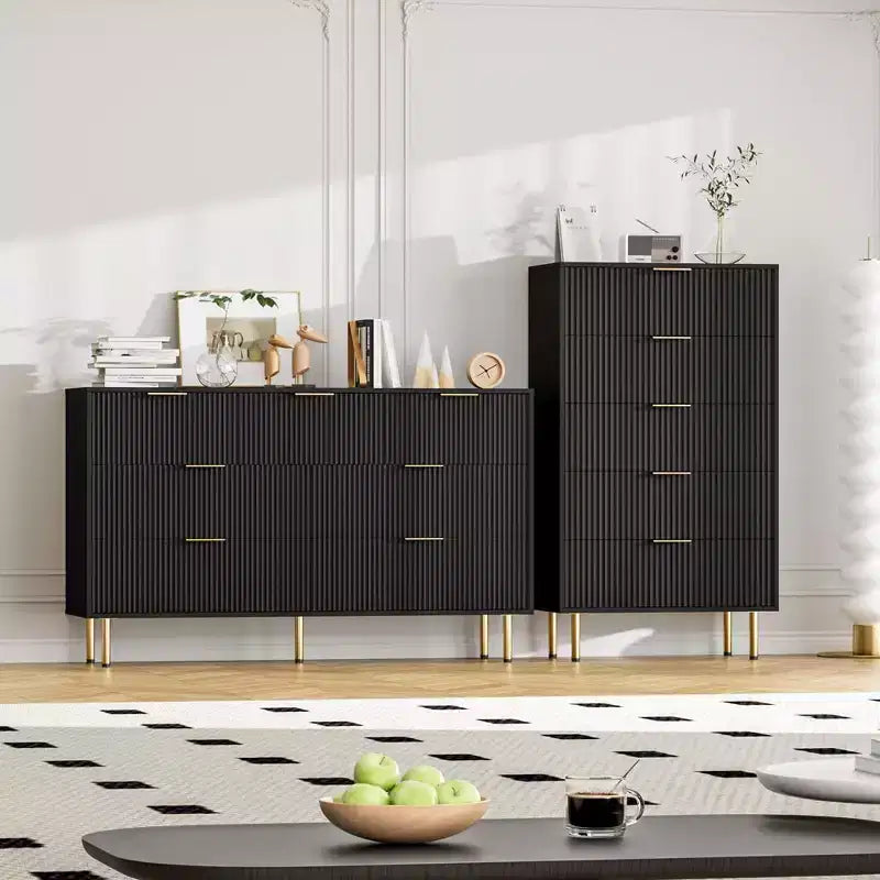 Commode de chambre à 7 tiroirs, commode de rangement moderne en bois avec poignées métalliques dorées et dispositif anti-basculement pour couloir, entrée
