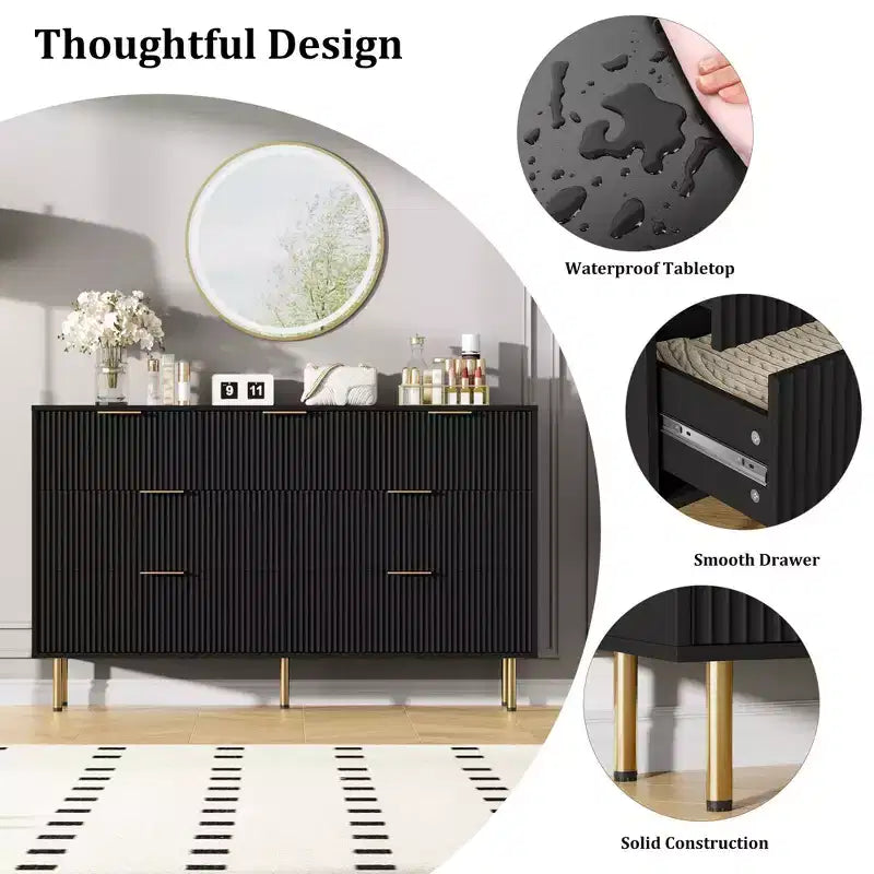 Commode de chambre à 7 tiroirs, commode de rangement moderne en bois avec poignées métalliques dorées et dispositif anti-basculement pour couloir, entrée