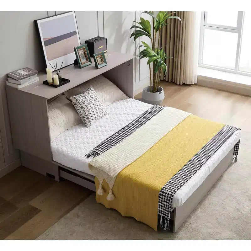 Coffre de lit moderne en bois avec matelas pliable en mousse, station de recharge et tiroirs de rangement