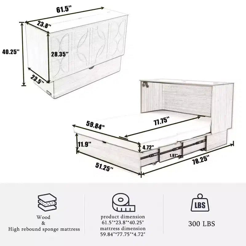 Coffre de lit moderne en bois avec matelas pliable en mousse, station de recharge et tiroirs de rangement
