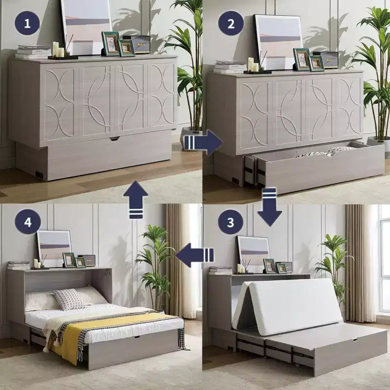 Coffre de lit moderne en bois avec matelas pliable en mousse, station de recharge et tiroirs de rangement