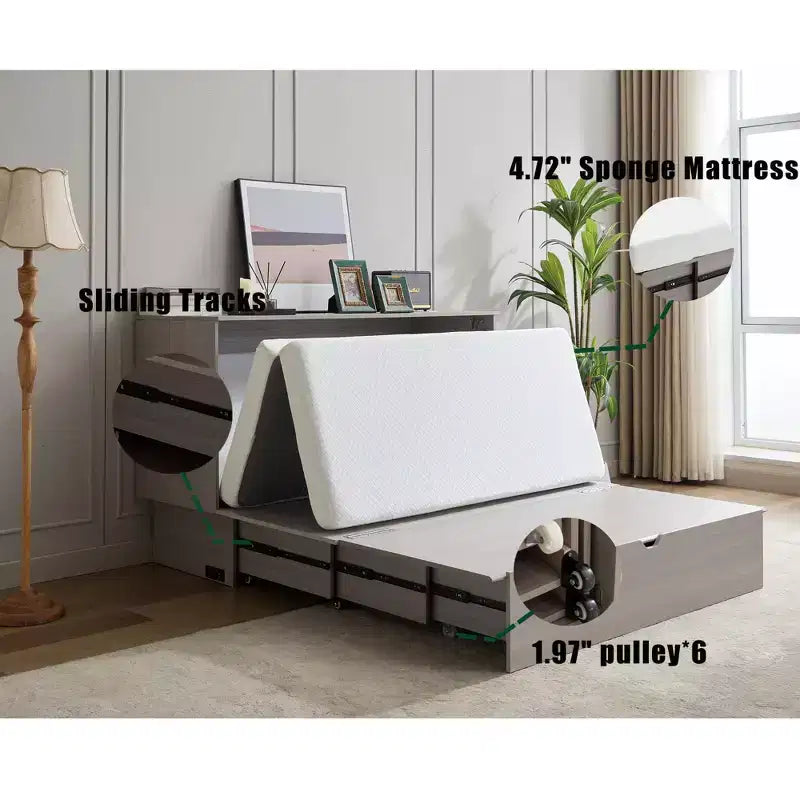 Coffre de lit moderne en bois avec matelas pliable en mousse, station de recharge et tiroirs de rangement