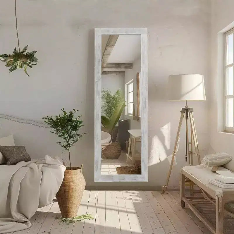 Miroir rustique pleine longueur, 64x21 Blanc vieilli. Cadre en bois, polyvalent pour être posé, appuyé ou accroché au mur.