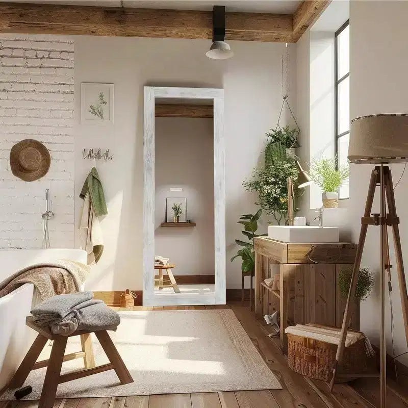 Miroir rustique pleine longueur, 64x21 Blanc vieilli. Cadre en bois, polyvalent pour être posé, appuyé ou accroché au mur.