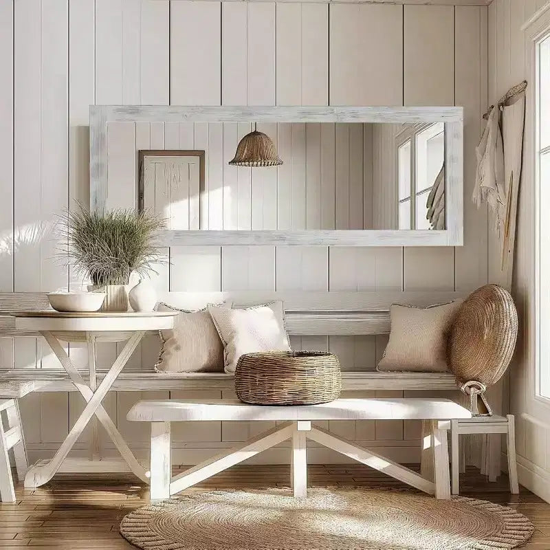 Miroir rustique pleine longueur, 64x21 Blanc vieilli. Cadre en bois, polyvalent pour être posé, appuyé ou accroché au mur.