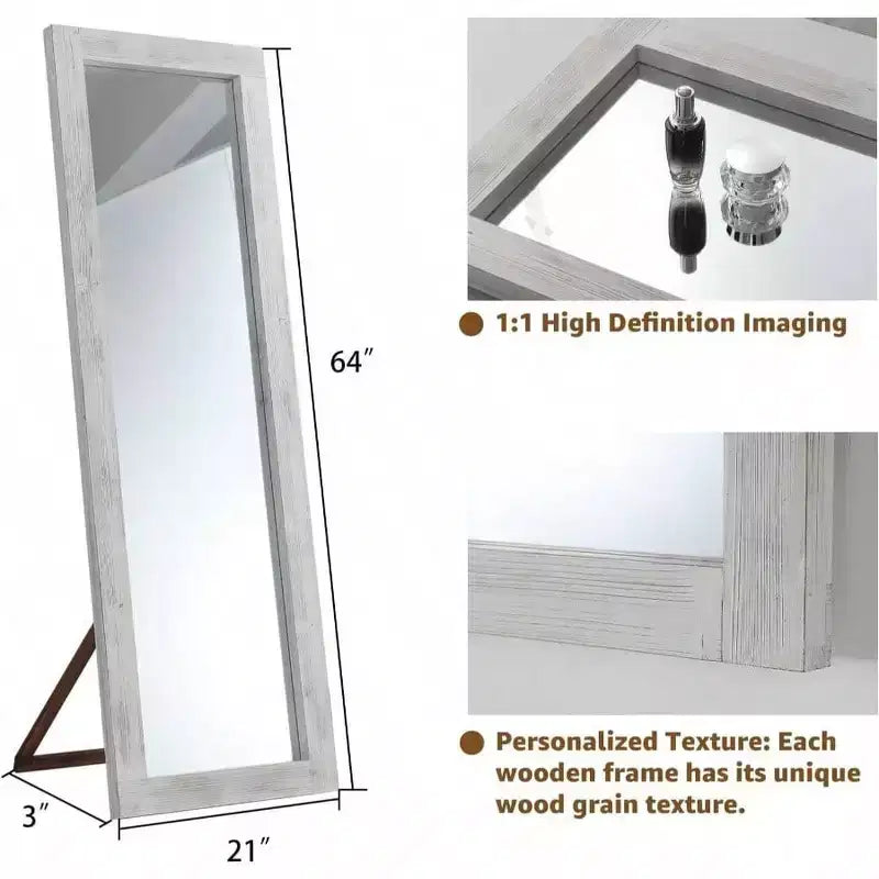 Miroir rustique pleine longueur, 64x21 Blanc vieilli. Cadre en bois, polyvalent pour être posé, appuyé ou accroché au mur.