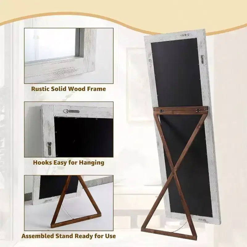 Miroir rustique pleine longueur, 64x21 Blanc vieilli. Cadre en bois, polyvalent pour être posé, appuyé ou accroché au mur.
