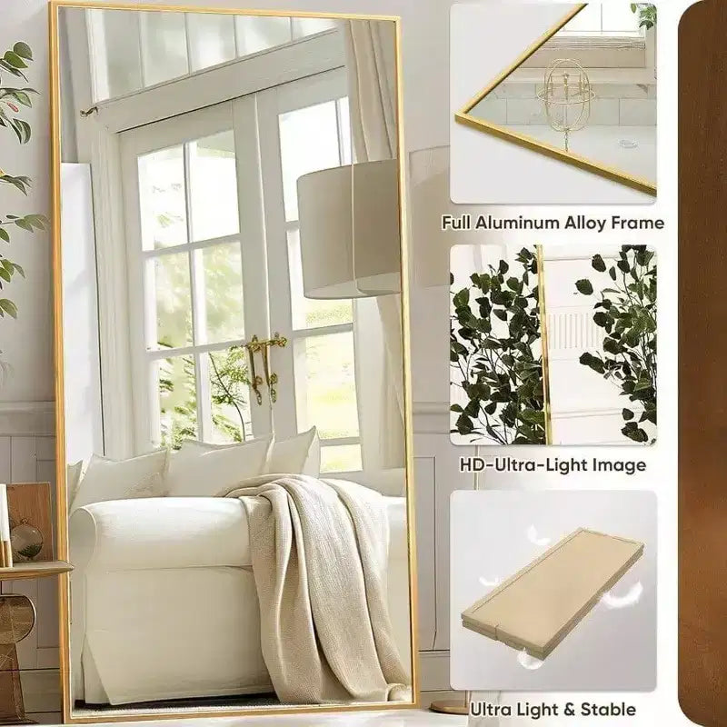 Miroir rectangulaire doré pleine longueur 91 x 46 cm avec support. Un miroir sur pied surdimensionné à poser ou à accrocher