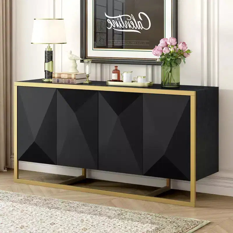 Meuble buffet en bois, buffet de cuisine pour café, meuble de rangement avec 4 portes et pieds métalliques uniques