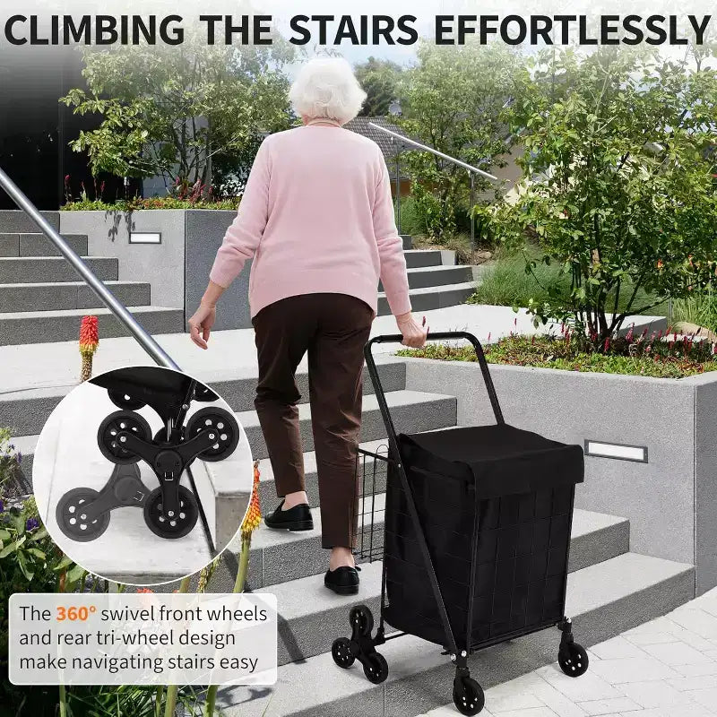 Chariot de courses escalier avec doublure imperméable, chariot utilitaire pliable avec roues arrière triples, roues pivotantes à 360 degrés, chariot d'épicerie pliable portable