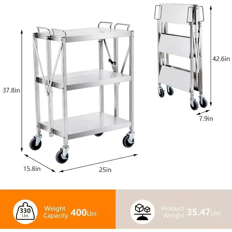 Chariot de service pliant à 3 niveaux en acier inoxydable, capacité de 136 kg, chariot roulant portable pour cuisine et atelier