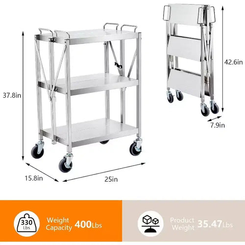 Chariot de service pliant à 3 niveaux en acier inoxydable, capacité de 136 kg, chariot roulant portable pour cuisine et atelier