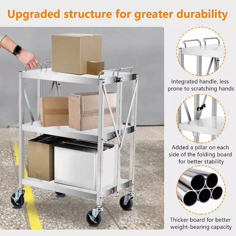 Chariot de service pliant à 3 niveaux en acier inoxydable, capacité de 136 kg, chariot roulant portable pour cuisine et atelier