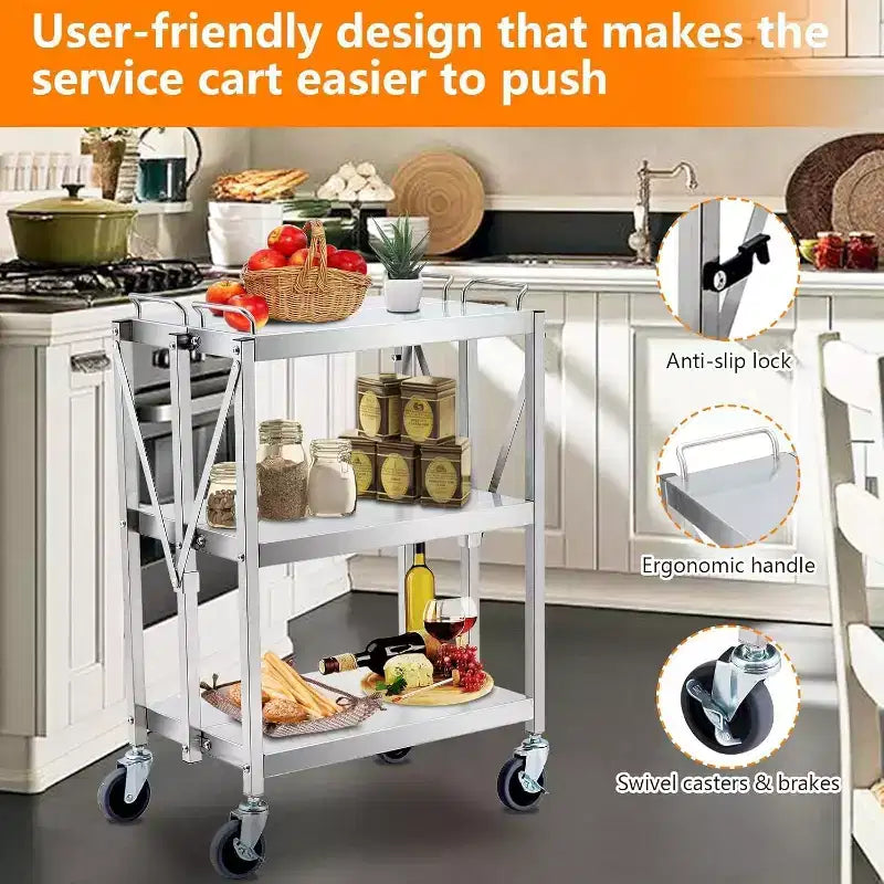 Chariot de service pliant à 3 niveaux en acier inoxydable, capacité de 136 kg, chariot roulant portable pour cuisine et atelier