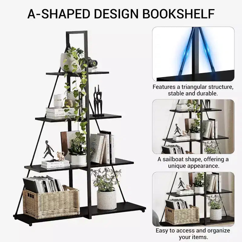Étagère à 4 niveaux, structure en forme de A, étagère échelle, bibliothèque moderne classique, pour CD/livres/films