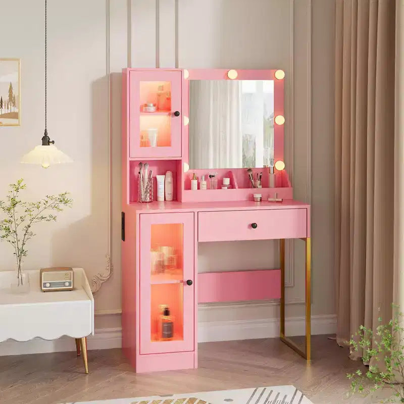 Coiffeuse avec Miroir et Lumières, Table de Maquillage avec Station de Charge, Coiffeuse en Bois pour Chambre à Coucher pour Filles