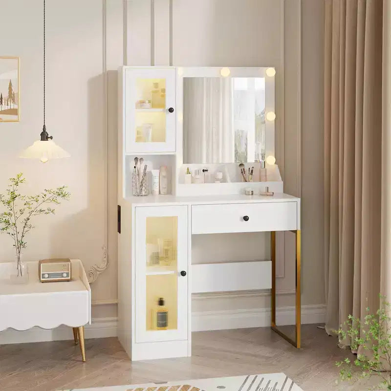 Coiffeuse avec Miroir et Lumières, Table de Maquillage avec Station de Charge, Coiffeuse en Bois pour Chambre à Coucher pour Filles