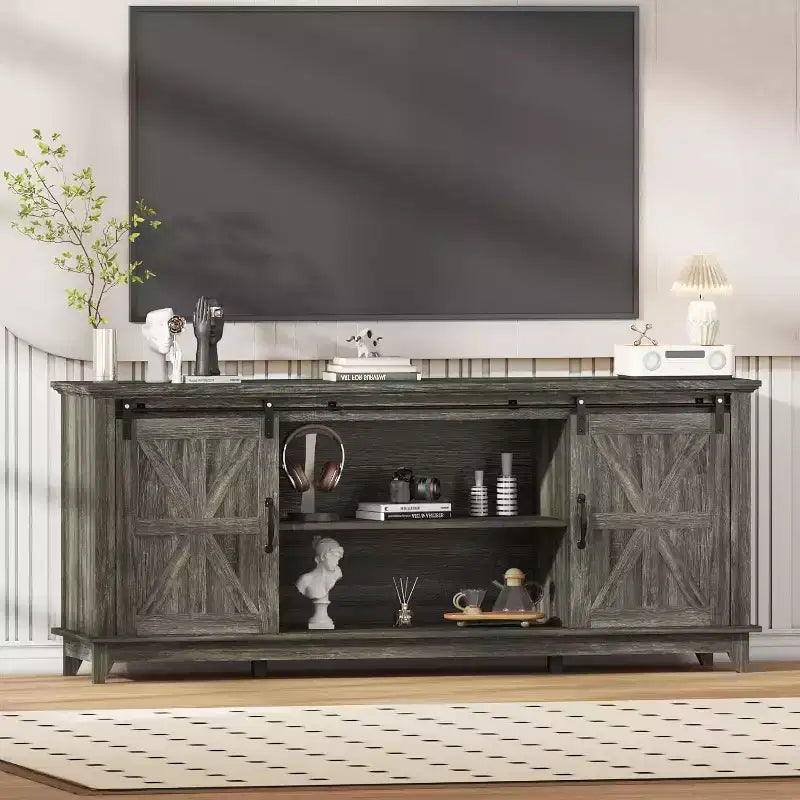Meuble TV de ferme avec portes de grange croisées, meuble TV pour salon