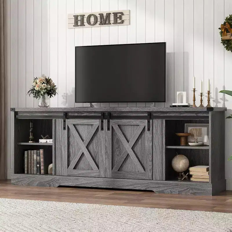 Meuble TV de ferme avec portes de grange croisées, meuble TV pour salon